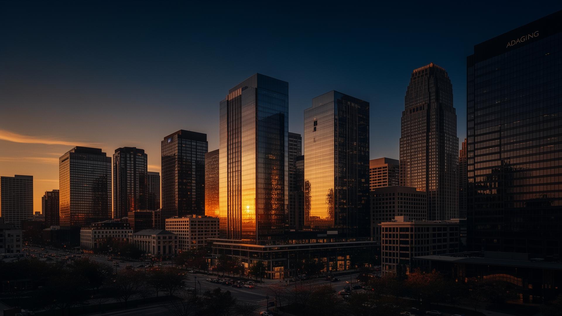 Modern downtown commercial real estate skyline at dusk